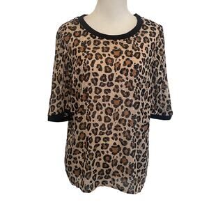 A New Day Leopard Print Puff Sleeve Top Womens Medium Semi Sheer Ringer Blouse